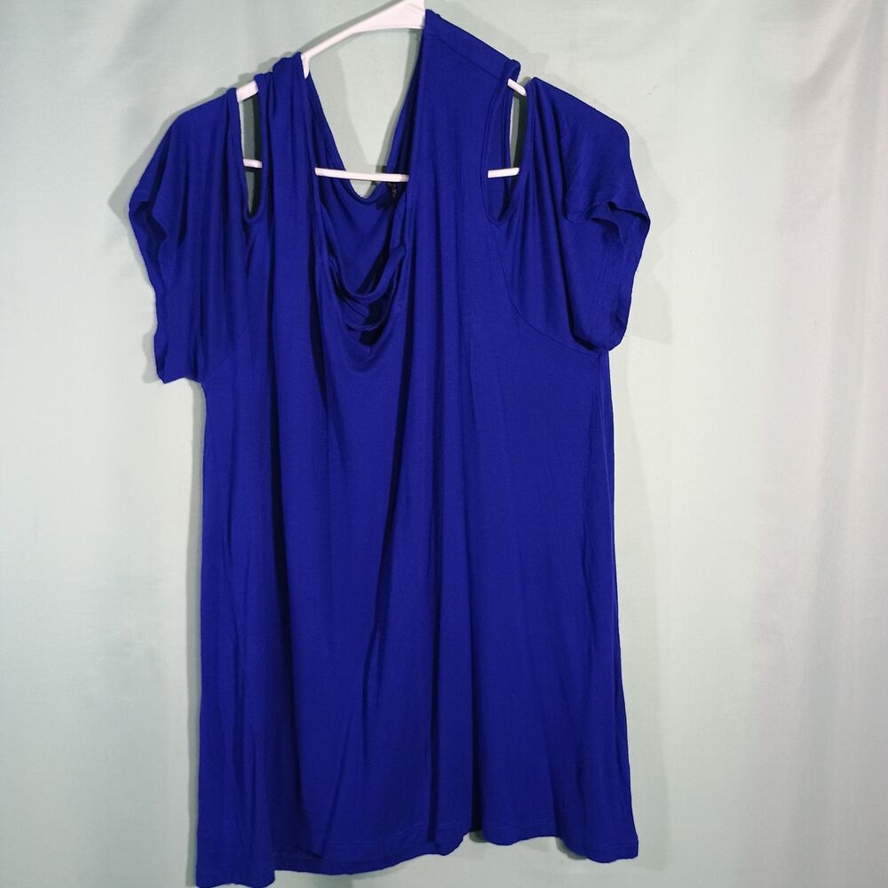Royal Blue Cold Shoulder Tunic Top Women Draped Neck Short Sleeve Flowy Blouse